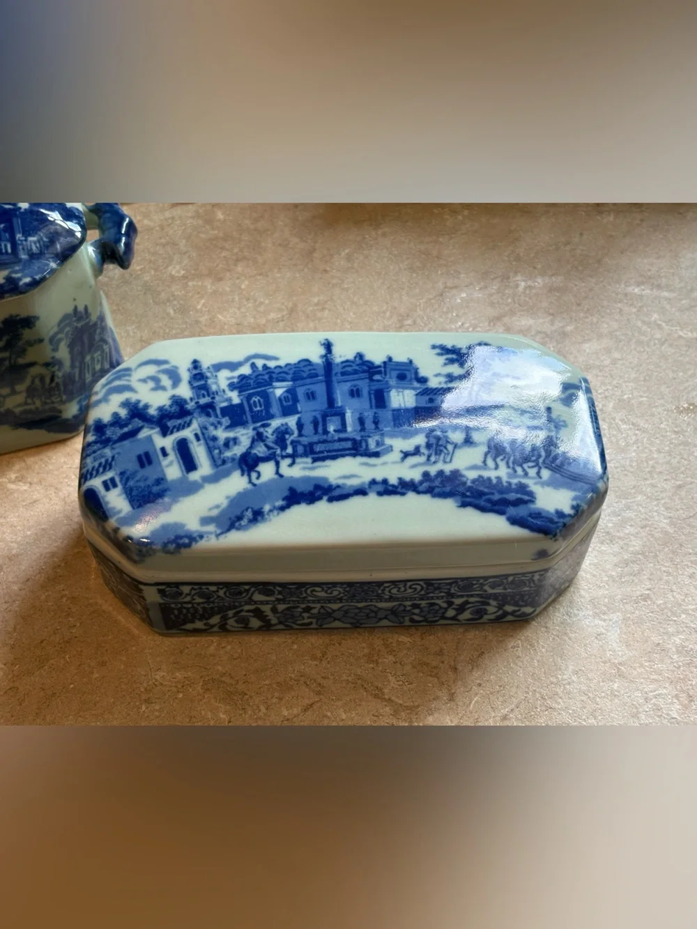 VTG Chinoiserie Ceramic Lidded Canister Trinket Box Set Transferware Style